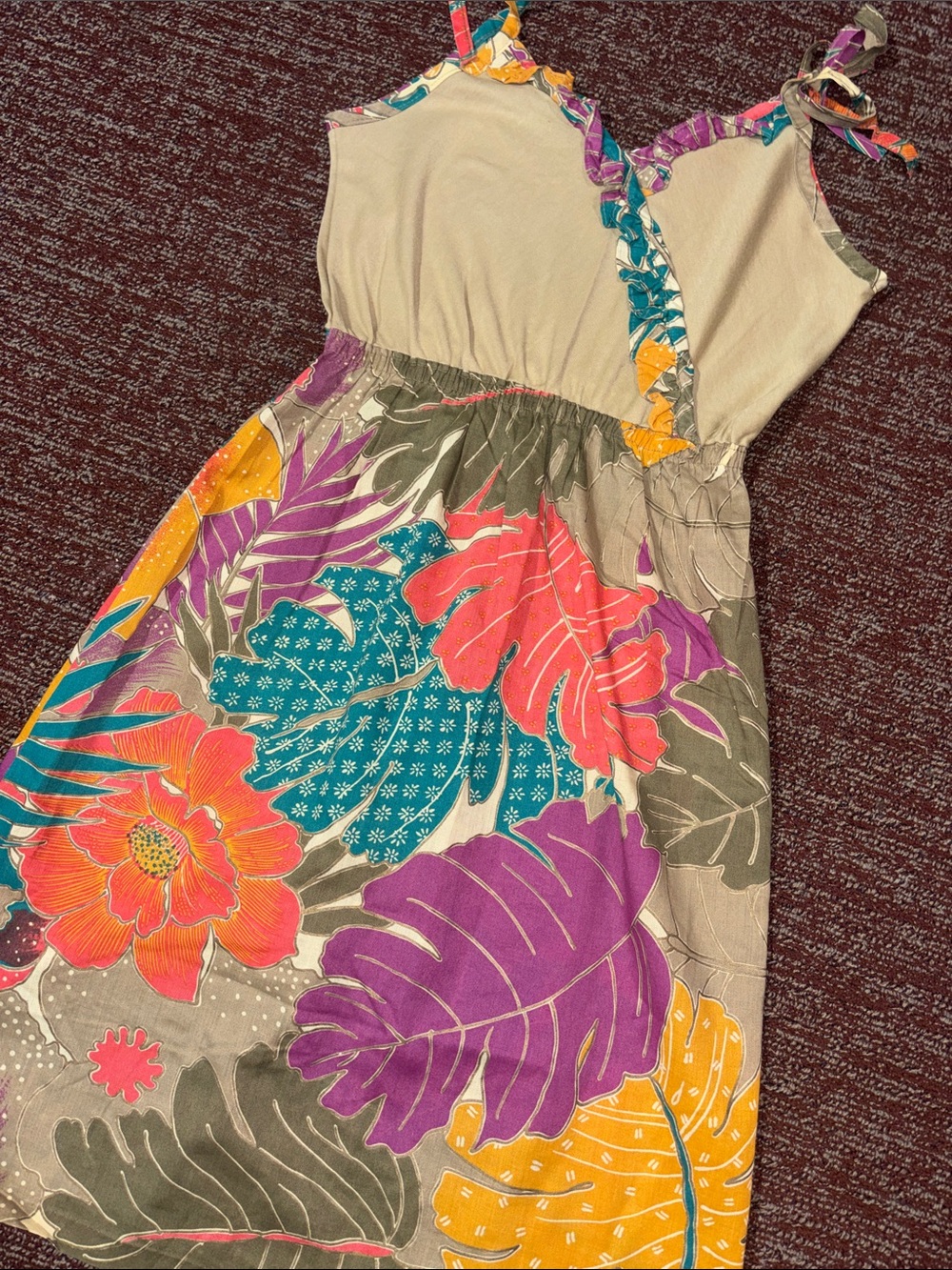 Vintage Julie Girl dress neutral tropical ruffle botanical printed sleeveless L